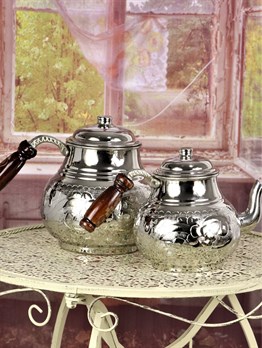 Bakır ÇaydanlıkSonay Bakırcılık1 mm  Kalın Çiçek Desenli Bakır Aile Boyu İşlemeli Bakır Çaydanlık ve Osmanlı Ocağı 